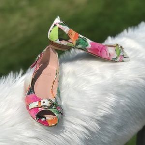 Stuart Weitzman Floral Patent Peep Toe Flat Shoes